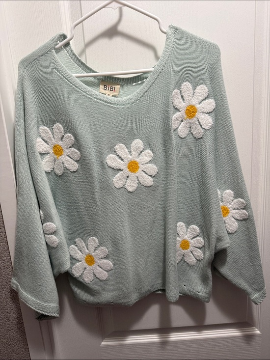 BiBi Sweaters - BiBi Mint Green Daisy Crewneck Sweater